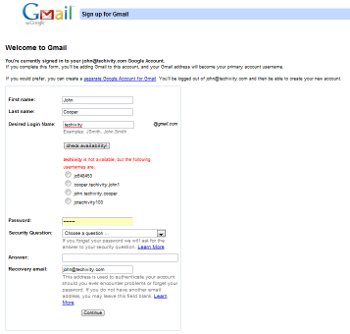 Click "Check Availability" when signing up with GMail.